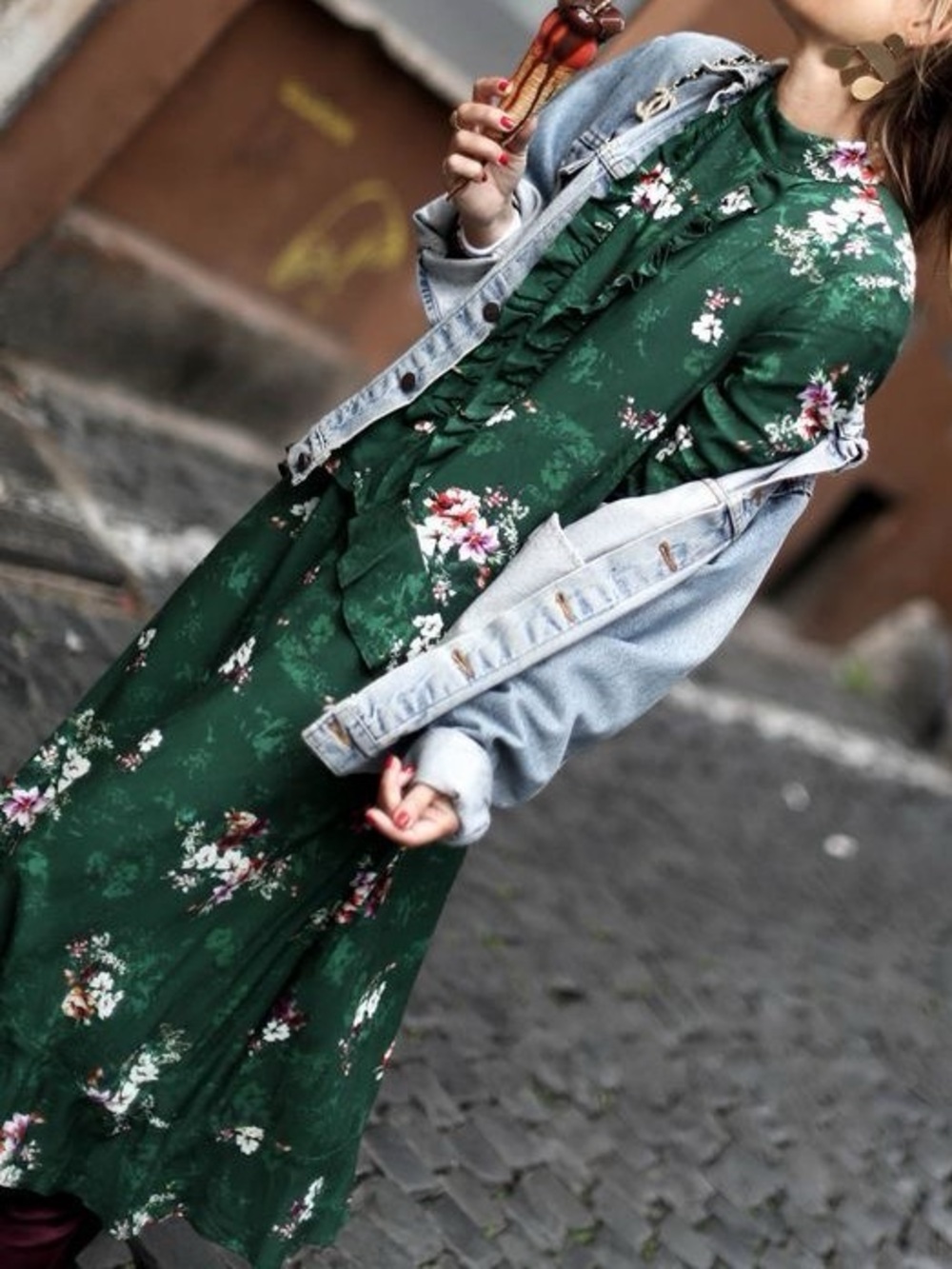 H&M Green Midi/Maxi Floral Dress with Tiered and Frill detail